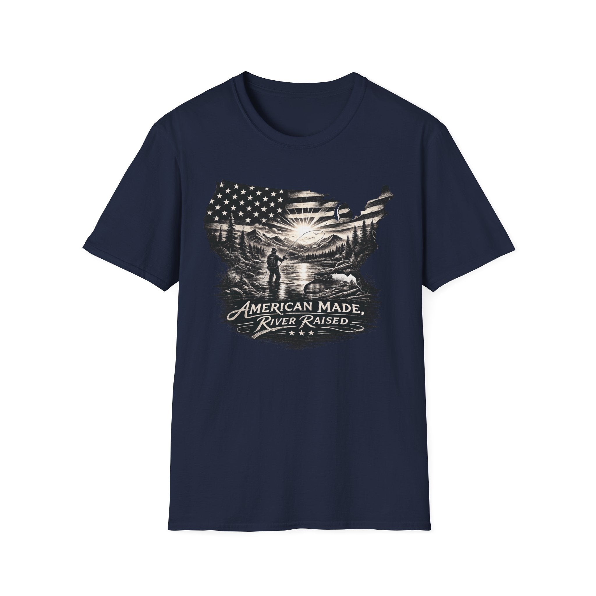 American Made, River Raised, Flag Fishing T-shirt