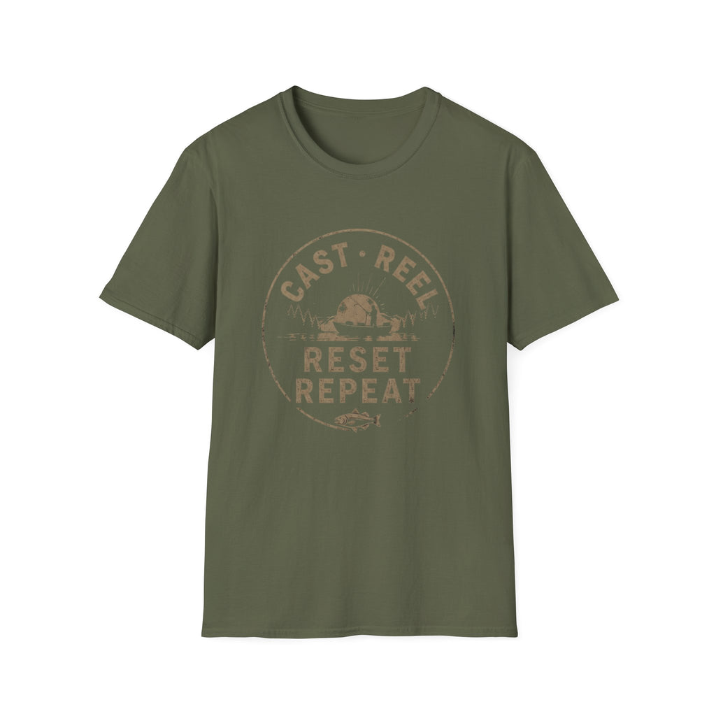 "Cast · Reel · Reset · Repeat" Fishing T-shirt