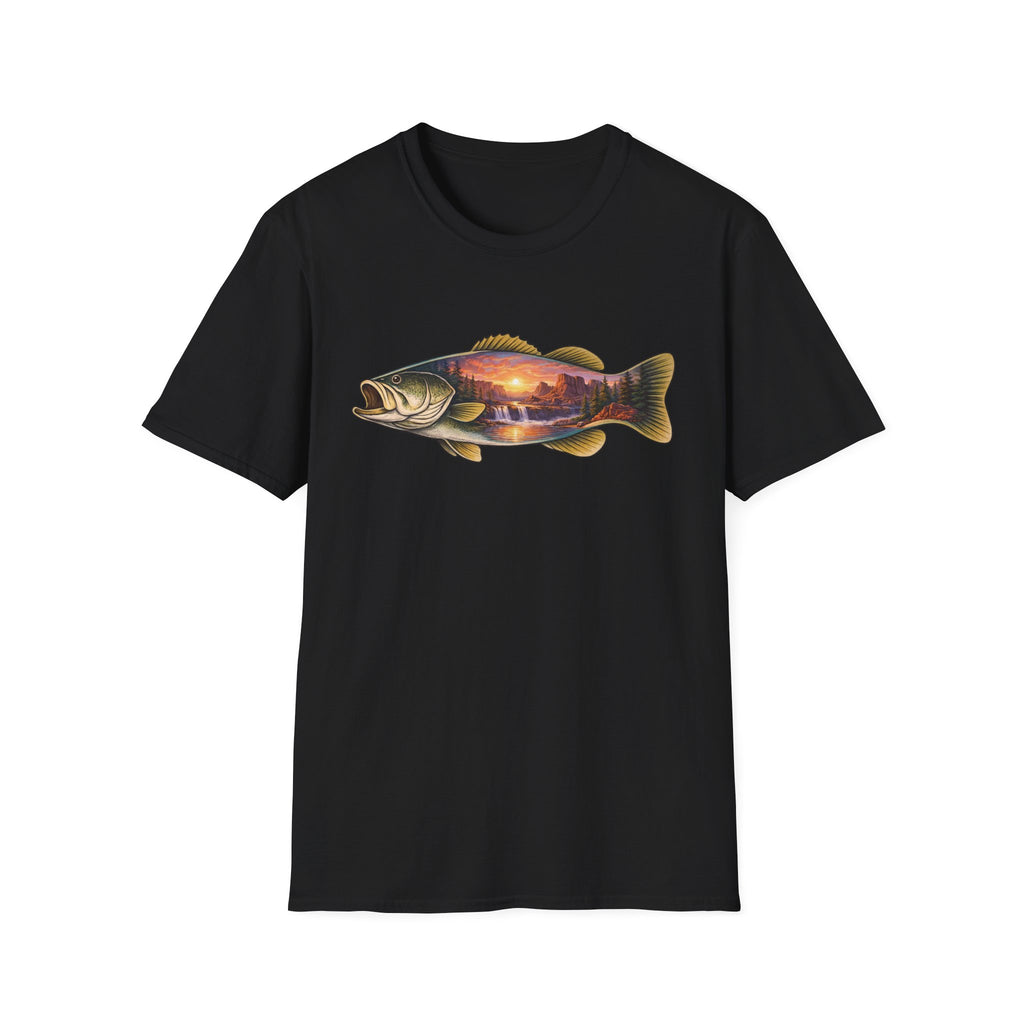 Bass Silhouette with Mountain Lake Scene T-shirt