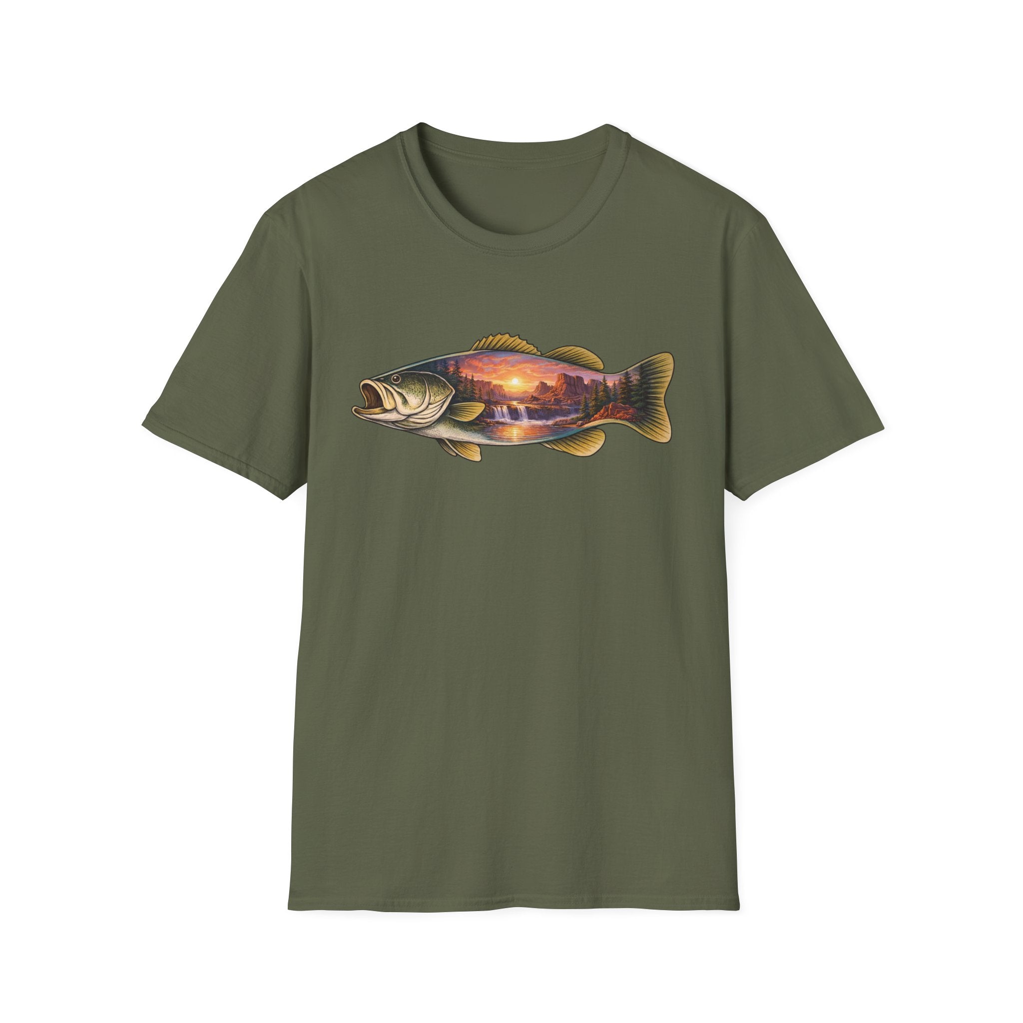 Bass Silhouette with Mountain Lake Scene T-shirt