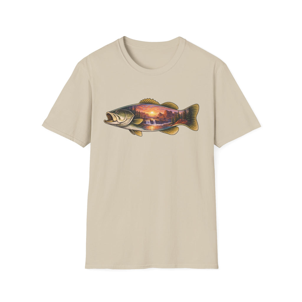 Bass Silhouette with Mountain Lake Scene T-shirt