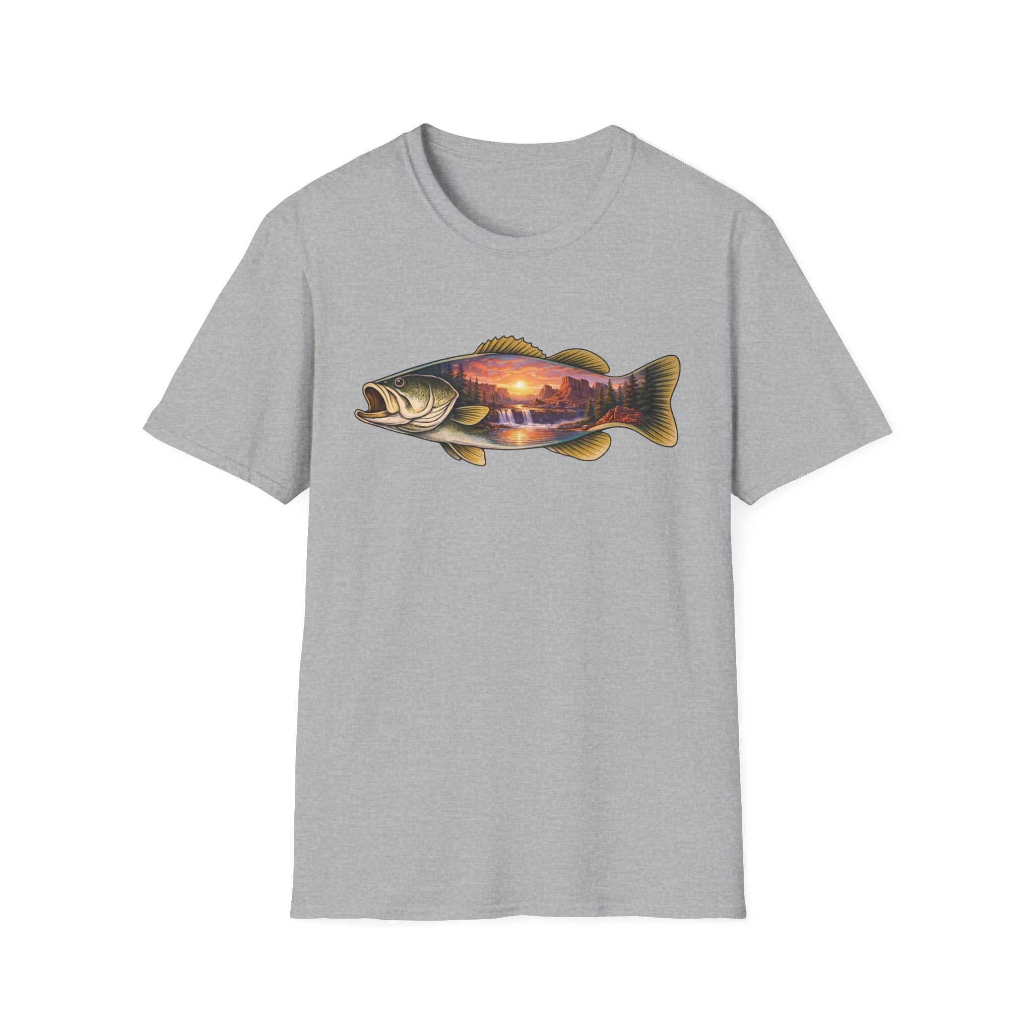 Bass Silhouette with Mountain Lake Scene T-shirt