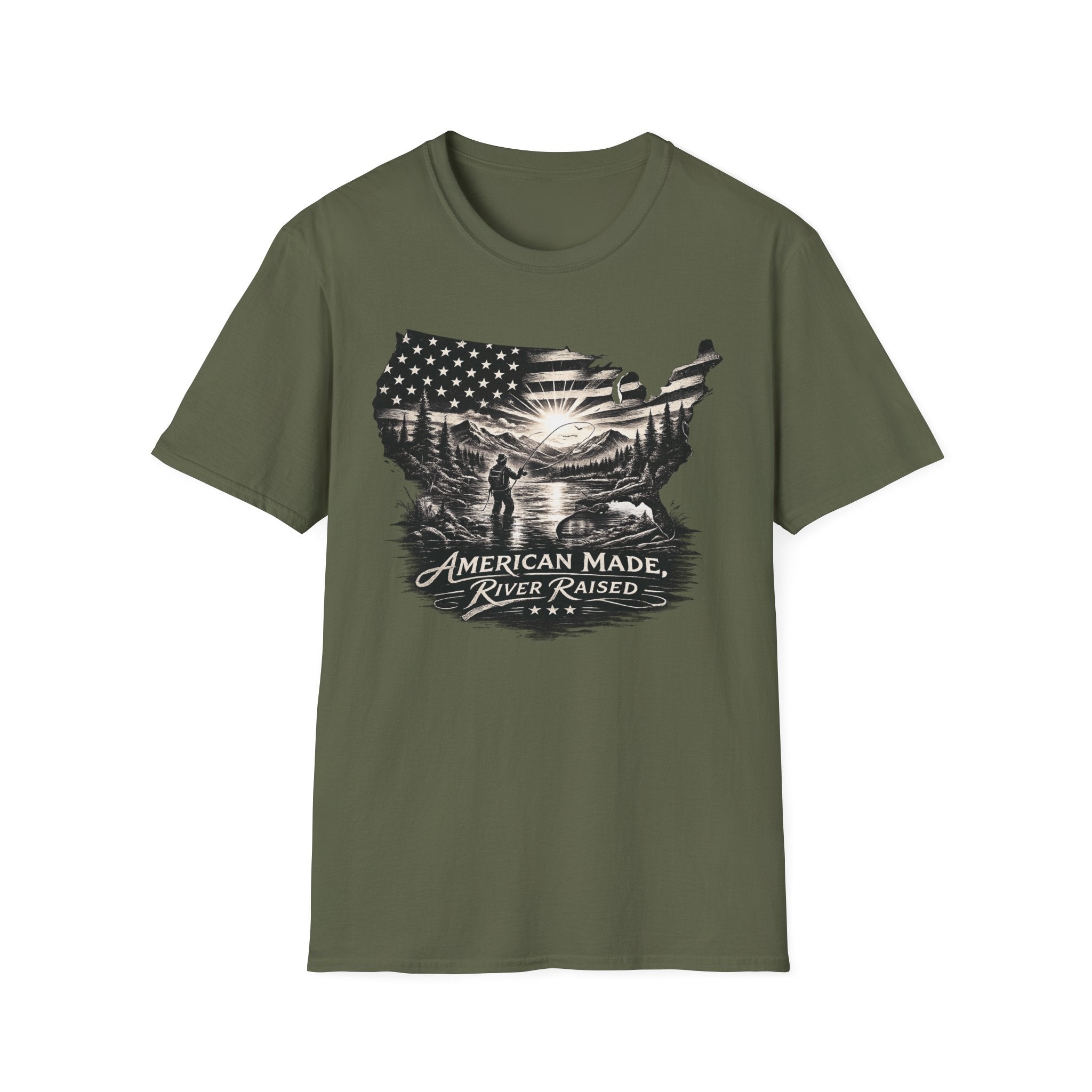 American Made, River Raised, Flag Fishing T-shirt