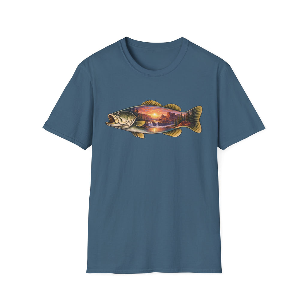 Bass Silhouette with Mountain Lake Scene T-shirt