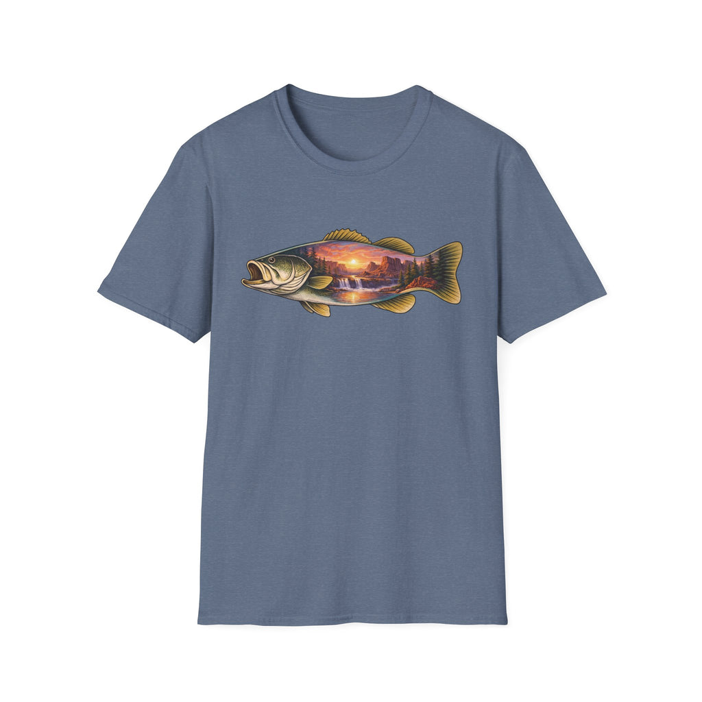 Bass Silhouette with Mountain Lake Scene T-shirt
