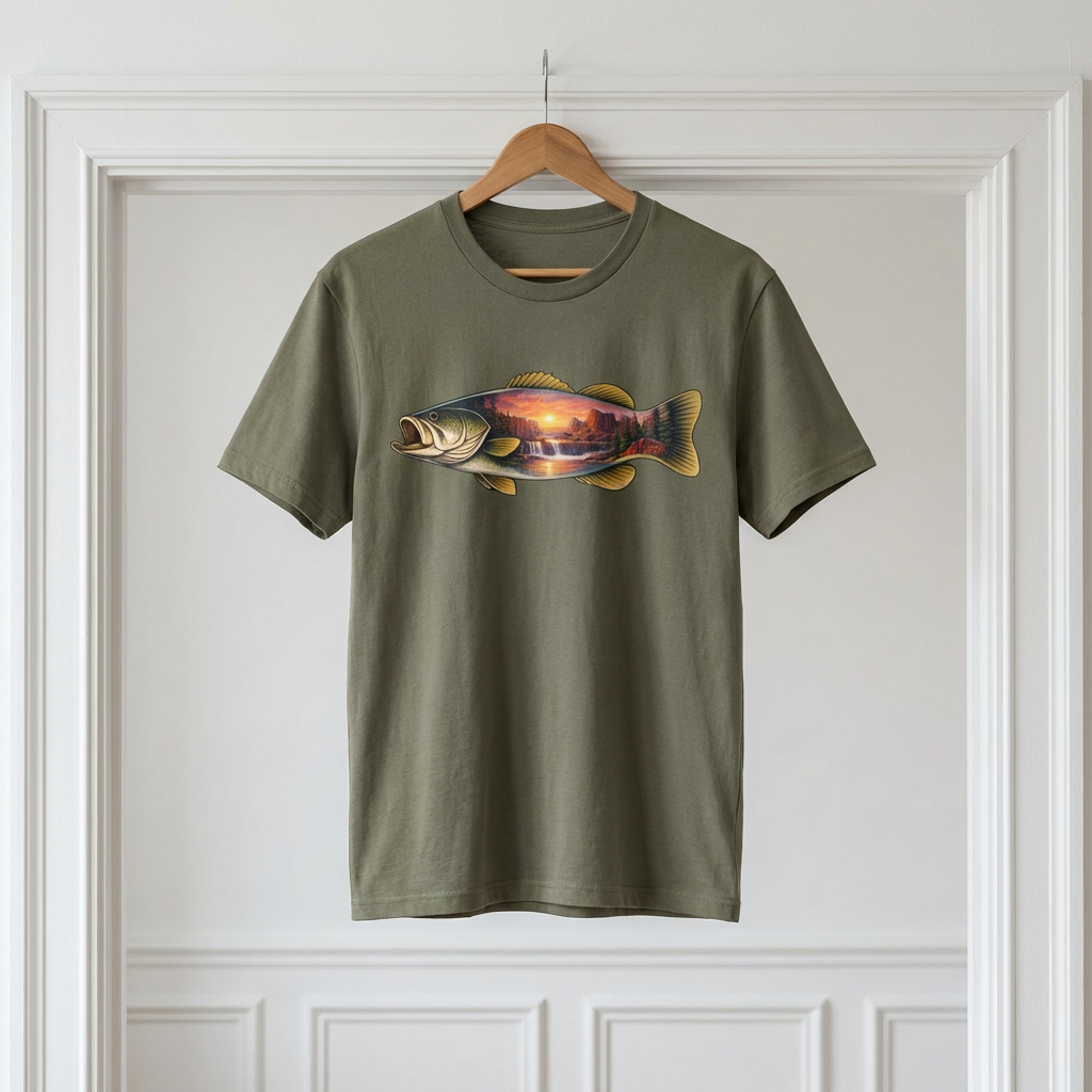 Bass Silhouette with Mountain Lake Scene T-shirt