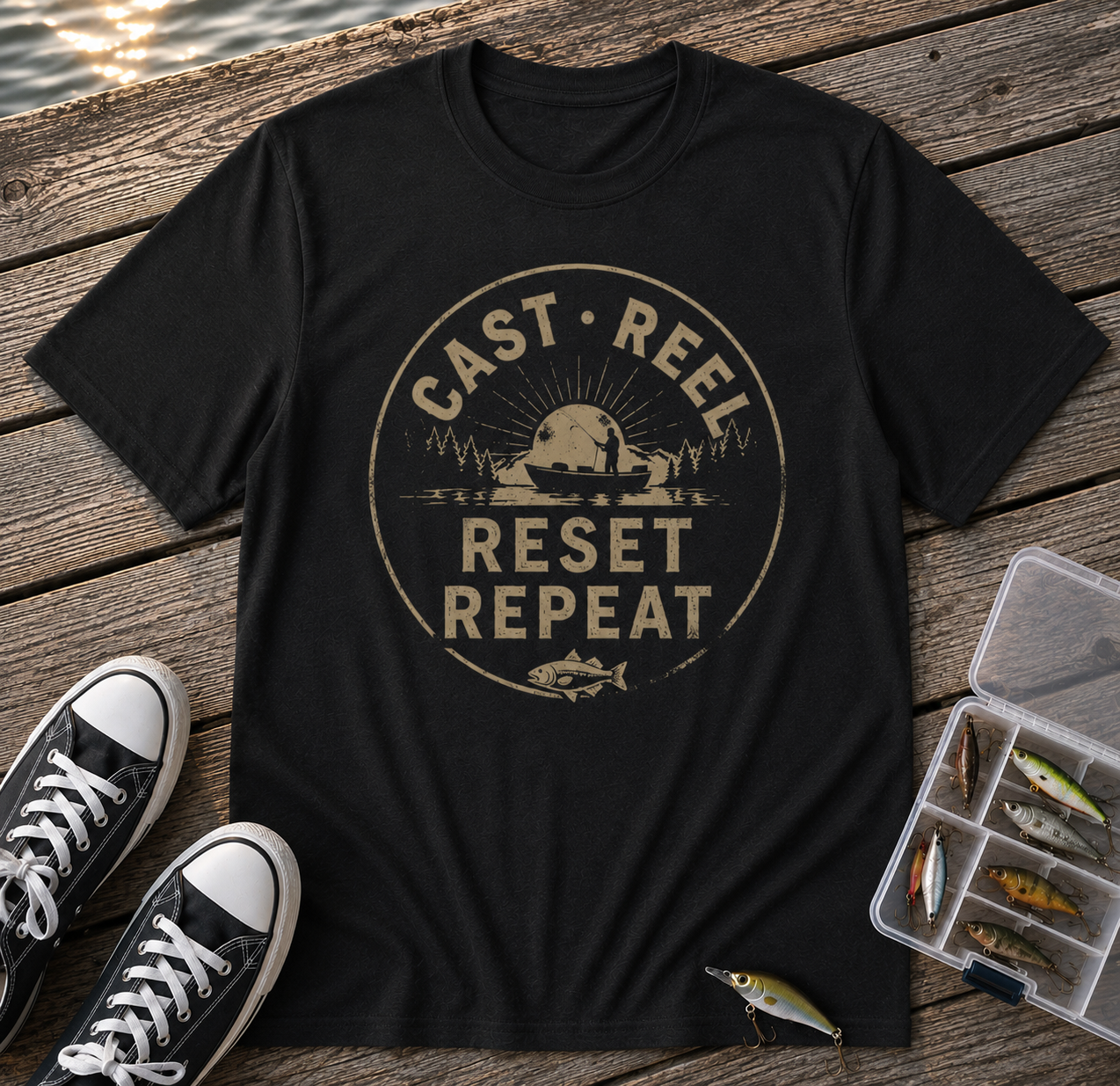 "Cast · Reel · Reset · Repeat" Fishing T-shirt