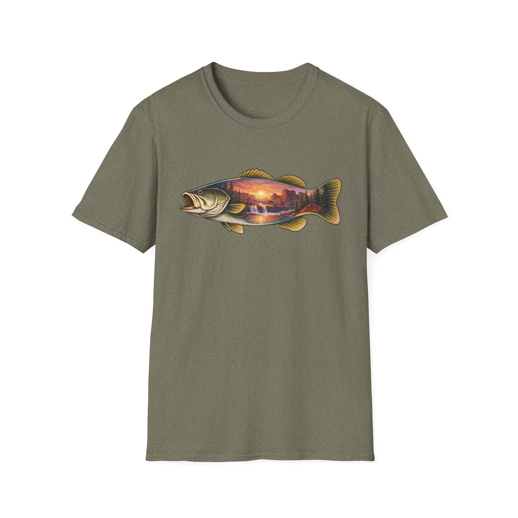 Bass Silhouette with Mountain Lake Scene T-shirt