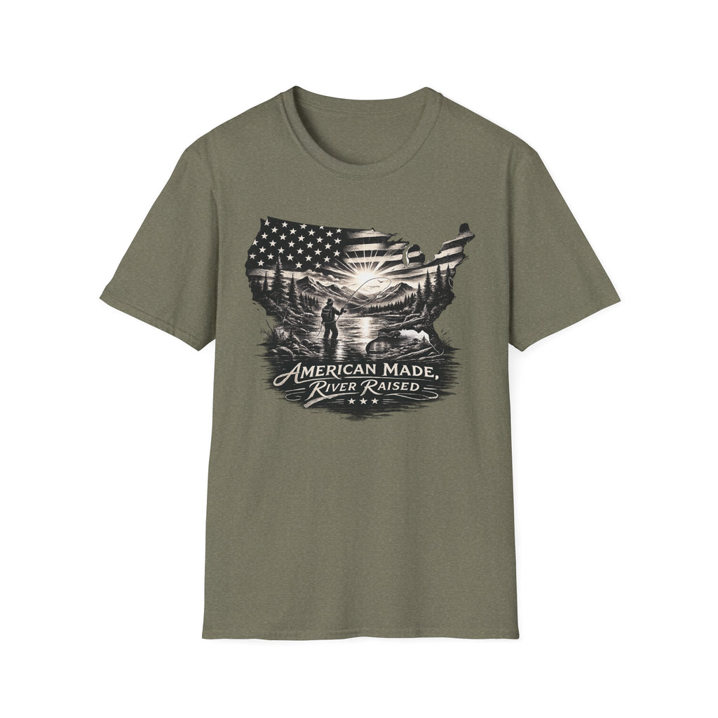 American Made, River Raised, Flag Fishing T-shirt